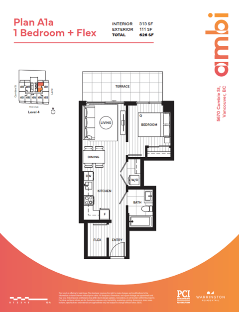 Floor plan for 1 bed, 1 bath, 515 sqft